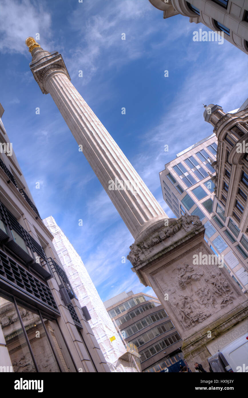 Il monumento al grande incendio di Londra Costruita tra il 1671 e il 1677 . Sorge in corrispondenza della giunzione di monumento Street e Fish Street Hill nella città o Foto Stock