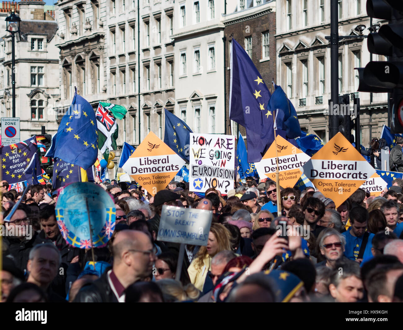 Londra, Regno Unito. 25 Mar, 2017. Striscioni, bandiere e cartelli portati dai partecipanti del marzo per l'Europa. Credito: Ghene Snowdon/Alamy Live News Foto Stock