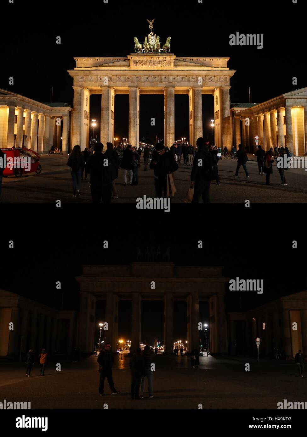 Berlino. 25 Mar, 2017. Combo foto scattata il 25 marzo 2017 mostra la Porta di Brandeburgo con le luci accese (sopra) e spento per l annuale Earth Hour manifestazione di Berlino, capitale della Germania. Credito: Shan Yuqi/Xinhua/Alamy Live News Foto Stock