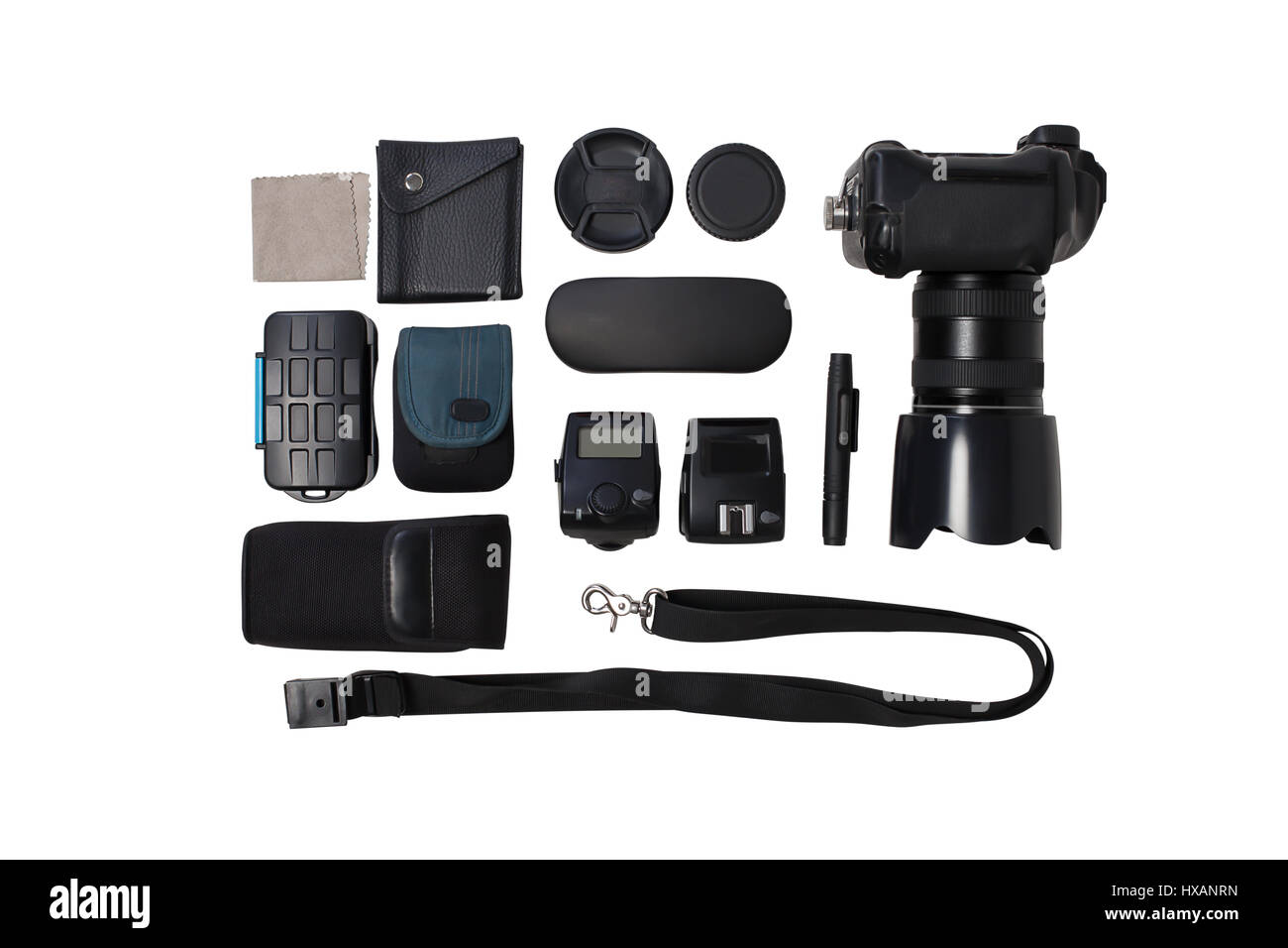 Fotografo attrezzatura fotografica su sfondo bianco, vista dall'alto. Professional digital photo concetto tecnologico. Strumenti per fotografare business Foto Stock