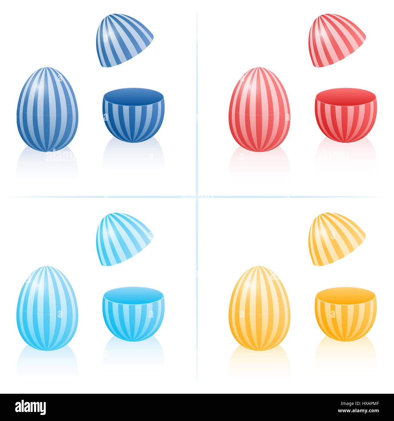 Uovo di Pasqua scatole riempibile con strisce, chiuso e aperto per essere riempito - in quattro colori diversi. Tridimensionale illustrazione isolato. Foto Stock
