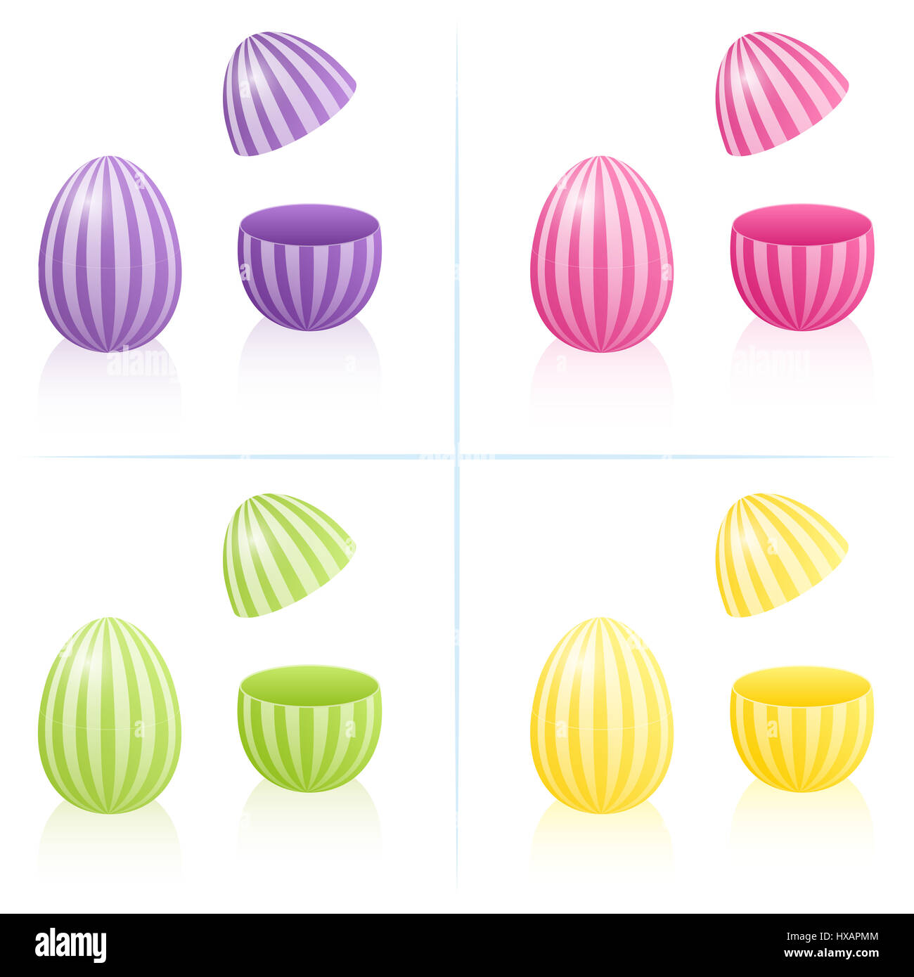 Uovo di Pasqua di scatole con configurazione a strisce, chiuso e aperto per essere riempito - in quattro vivaci colori primaverili viola, rosa, verde e giallo. Foto Stock