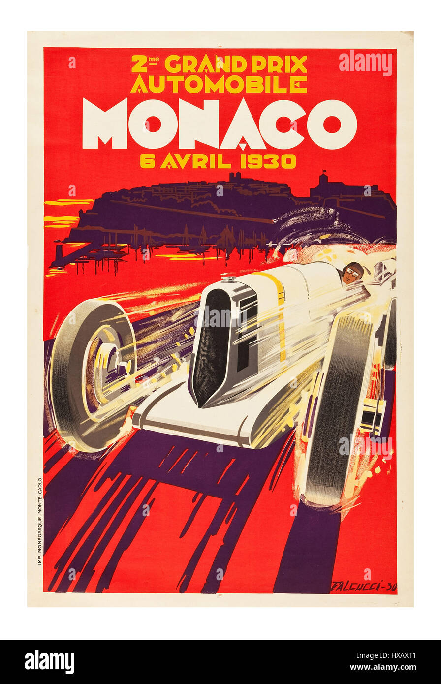 Poster retrò del Gran Premio d'epoca di Monaco per la gara automobilistica del Gran Premio di Monaco del 1930 Foto Stock