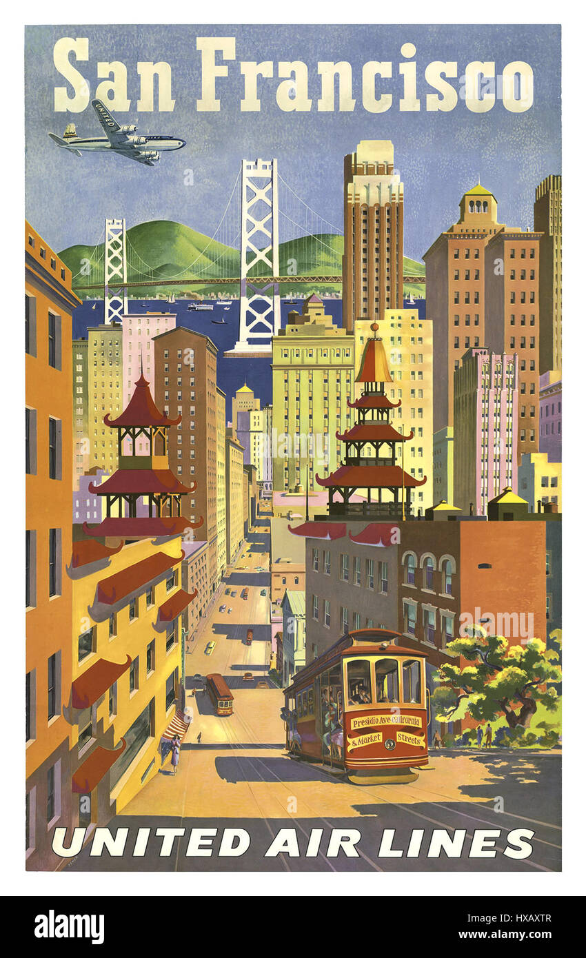 San Francisco, California - United Air Lines - Cavo auto in Chinatown - Vintage il viaggio con la compagnia aerea Poster da Giuseppe Fehér c.1950s Foto Stock