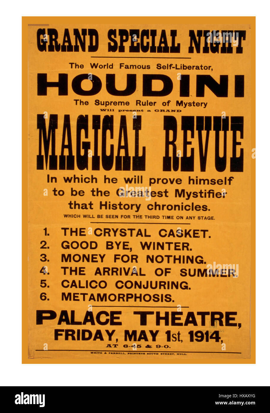 Vintage Teatro retrò poster per Houdini in un grand speciale notte di magiche Revue Palace Theatre 1 Maggio 1914 Foto Stock