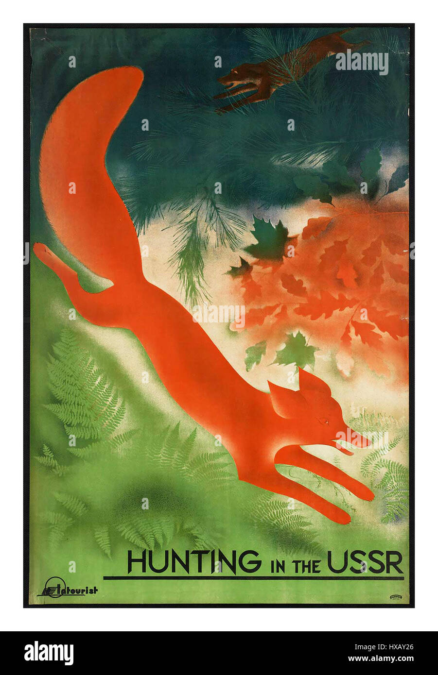 1930s corsa sovietica Poster pubblicitario, caccia in URSS Foto Stock