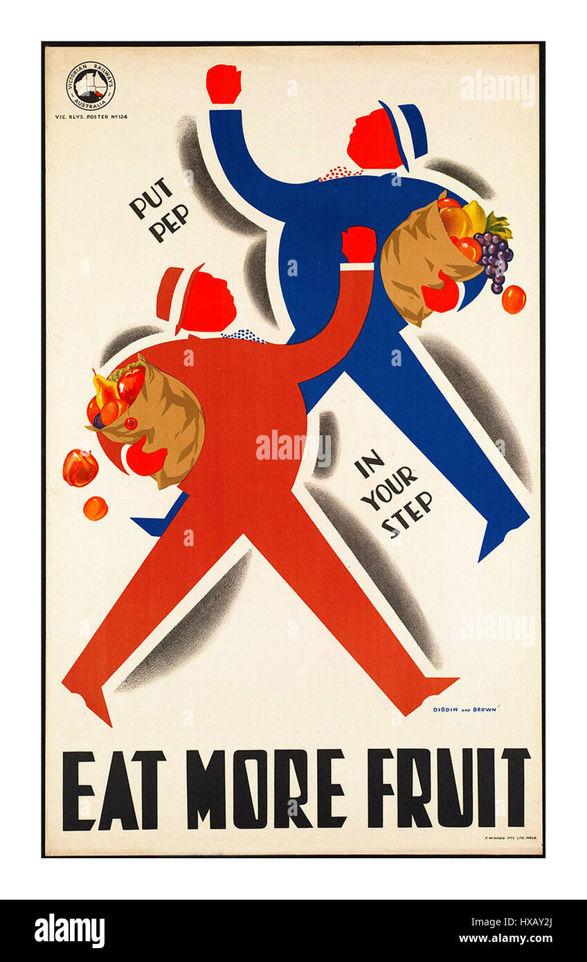 1930 poster di promozione salute buona da mangiare più frutta e mettere pep nel tuo passo Foto Stock