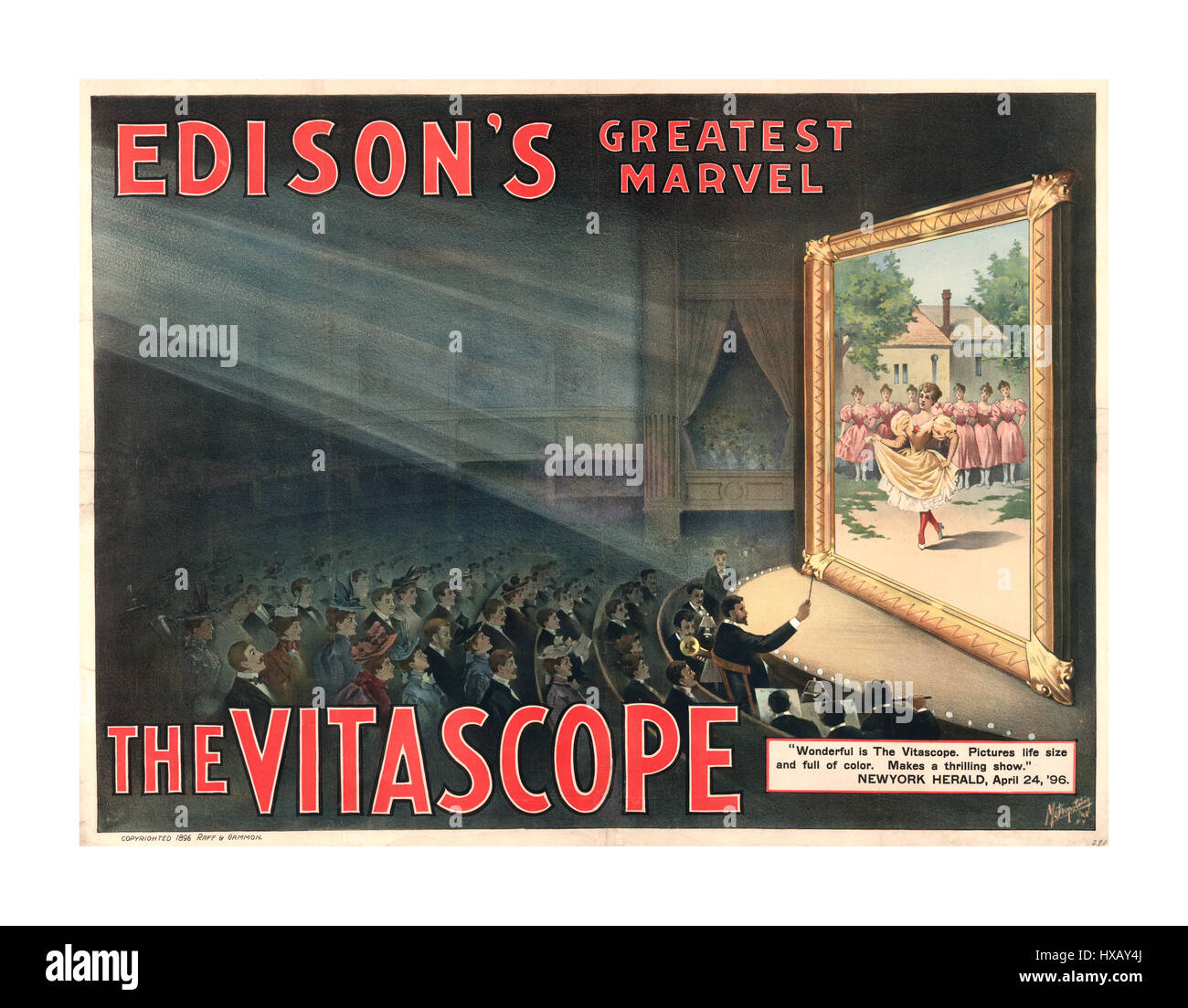 Gennaio 1896 - Negli Stati Uniti, un proiettore chiamato Vitascope è progettato da Carlo Francesco Jenkins e Thomas Armat. Armat inizia a lavorare con Edison per la fabbricazione del Vitascope, quali progetti motion pictures. Aprile 1896 - Edison e dell'armat Vitascope viene utilizzata per proiettare immagini in movimento in le proiezioni per il pubblico di New York City. Foto Stock Gennaio 1896 - Negli Stati Uniti, un proiettore chiamato Vitascope è progettato da Carlo Francesco Jenkins e Thomas Armat. Armat inizia a lavorare con Edison per la fabbricazione del Vitascope, quali progetti motion pictures. Aprile 1896 - Edison e dell'armat Vitascope viene utilizzata per proiettare immagini in movimento in le proiezioni per il pubblico di New York City. Foto Stock