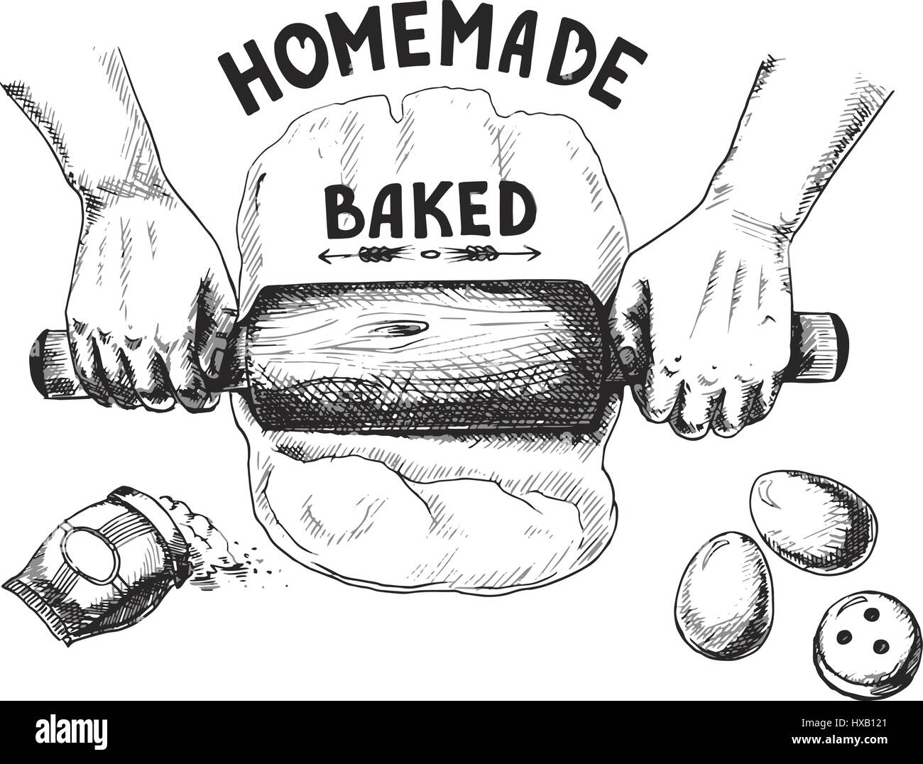 Illustrazione vettoriale di un disegno sul tema di torte fatte in casa. Le mani la laminazione della pasta. Fatto a mano in bianco e nero. Isolato su sfondo bianco Illustrazione Vettoriale