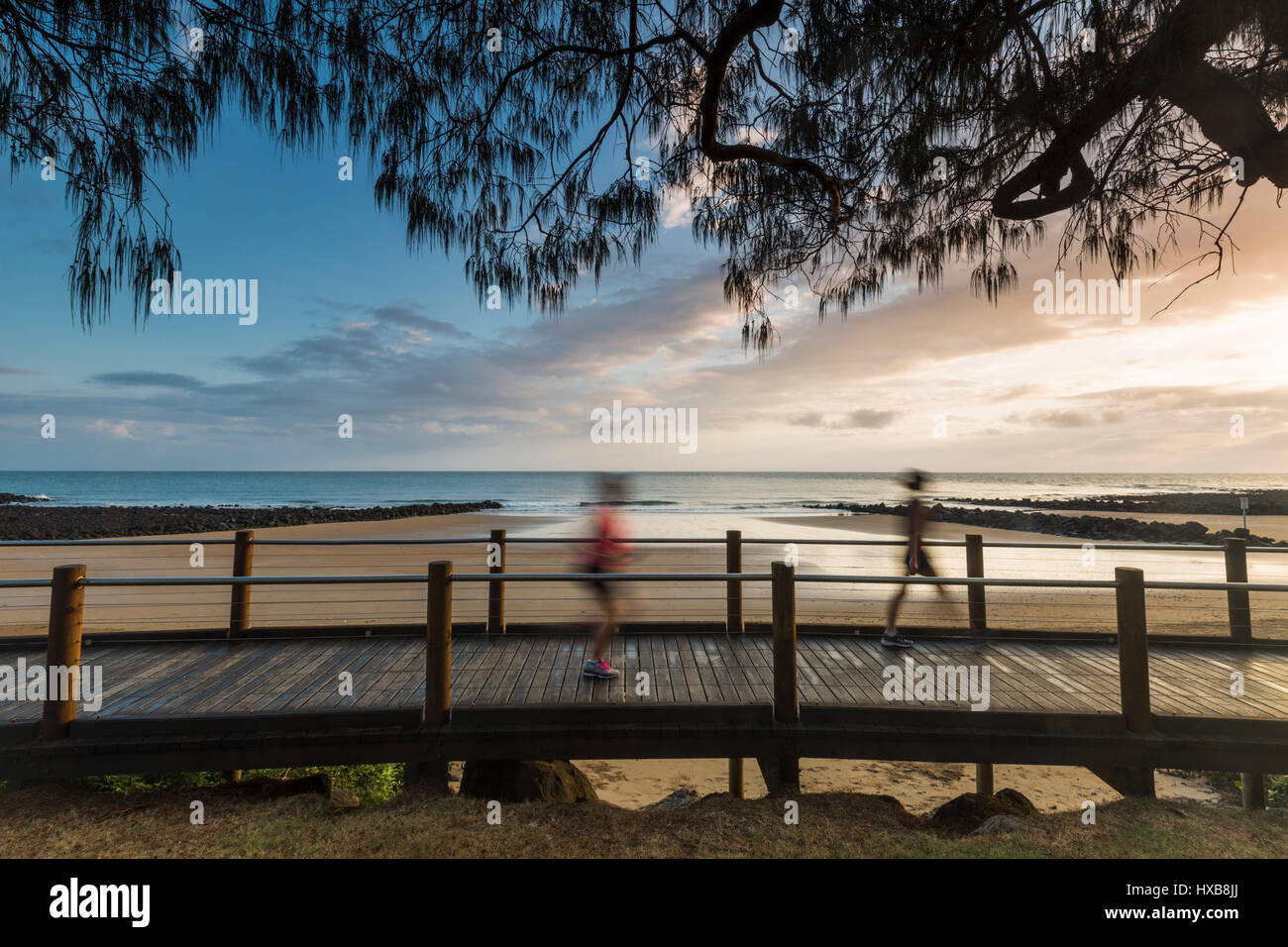 Gli scuotipaglia sull'Esplanade Boardwalk di sunrise, Bargara Beach, a Bundaberg, Queensland, Australia Foto Stock