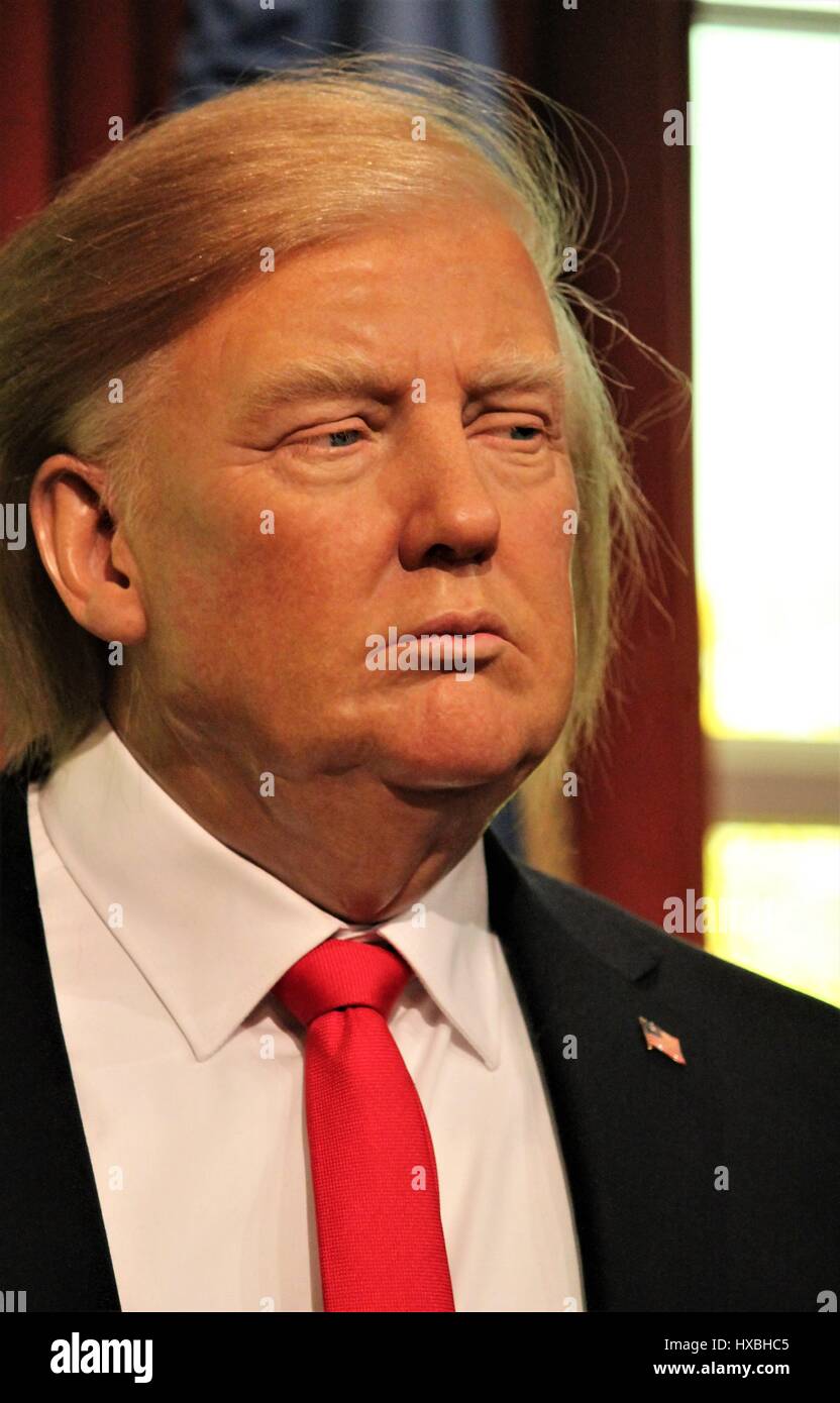 Donald Trump, London, Regno Unito - 20 Marzo 2017: Donald Trump presidente USA cera waxwork ritratto figura presso il Museo di Londra Foto Stock