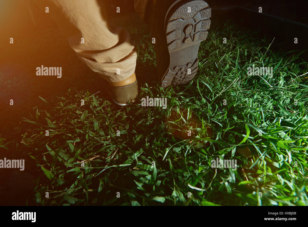 Close-up di piedi scarpe da escursionismo su erba verde vista dal retro Foto Stock