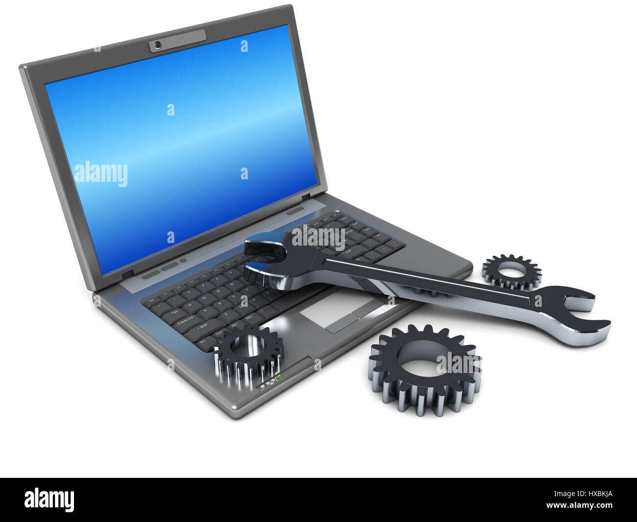 3d illustrazione di laptop con chiave e ruote dentate Foto Stock