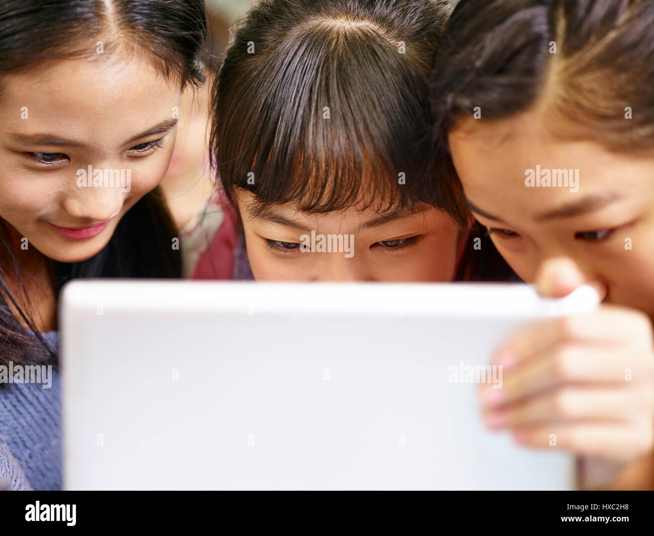 Primo piano di tre studentesse elementari guardando il computer tablet. Foto Stock
