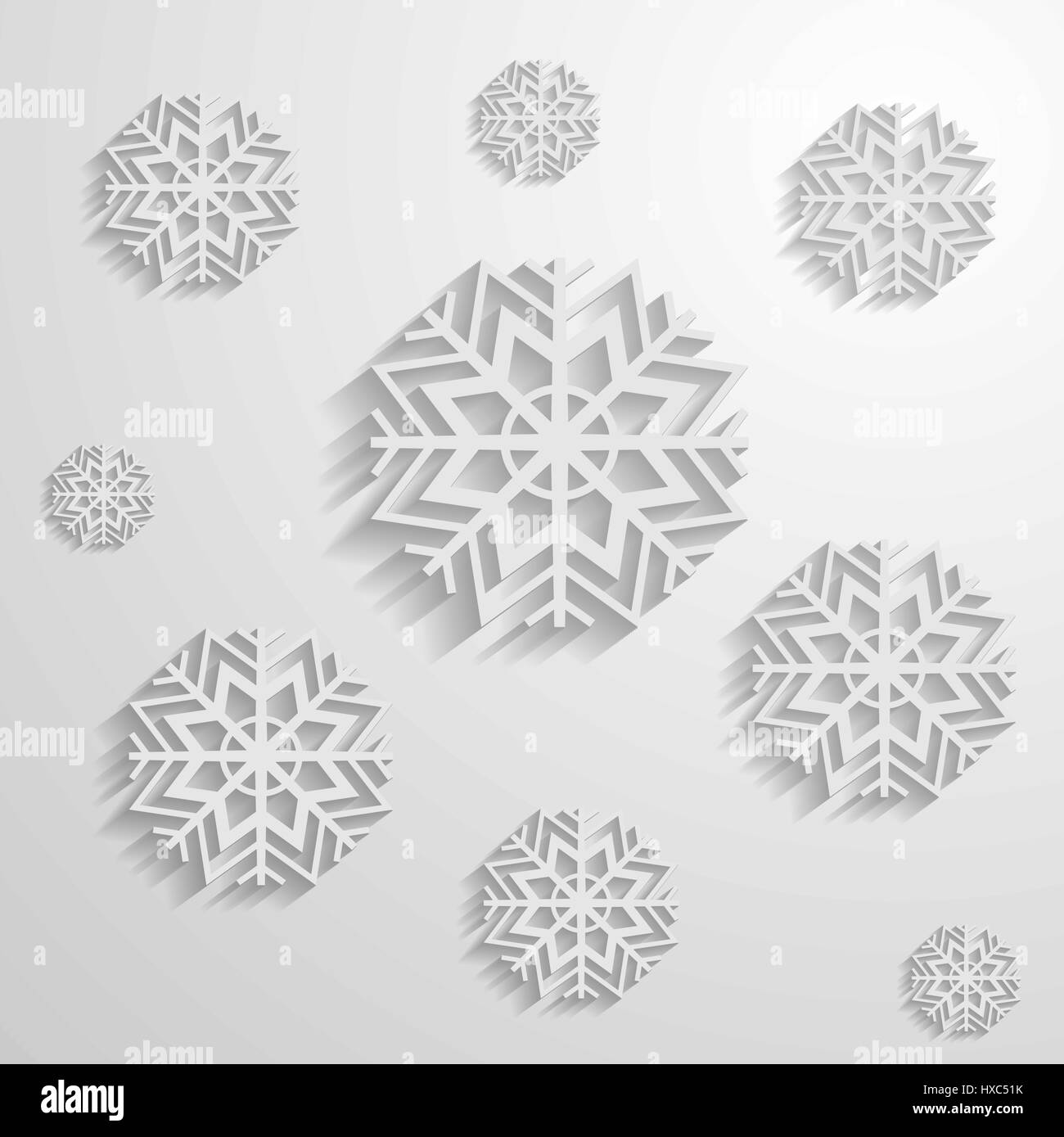 Lo sfondo da una serie di fiocchi di neve bianca con lunghe ombre, illustrazione vettoriale. Illustrazione Vettoriale