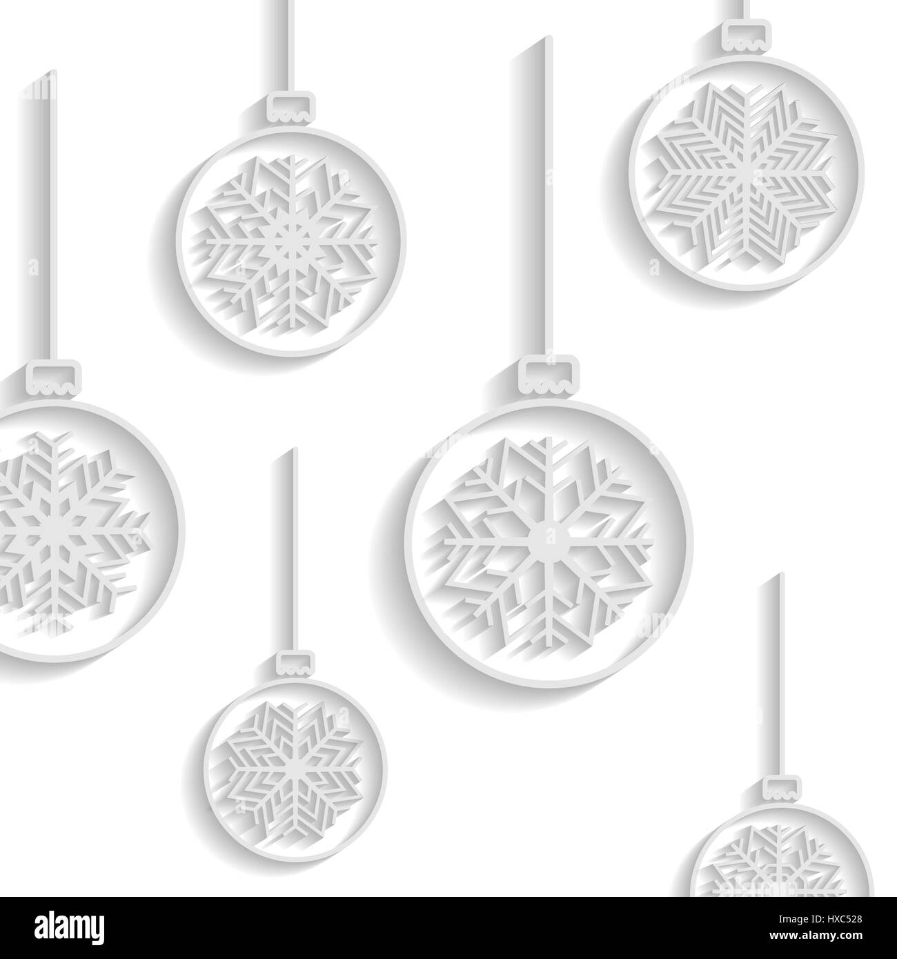 Immagine di sfondo bianco di fiocchi di neve in giocattoli di Natale, illustrazione vettoriale. Illustrazione Vettoriale