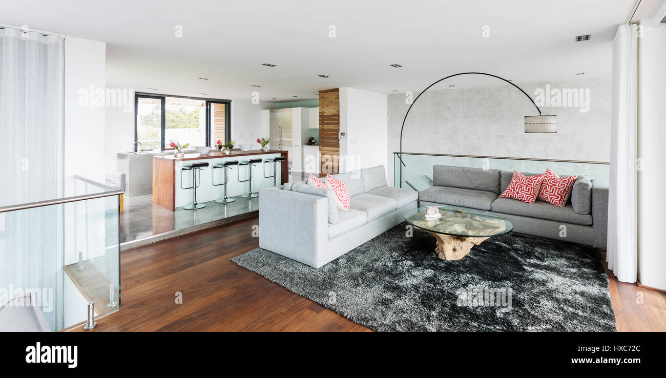 Luxury home vetrina interno soggiorno e cucina open plan Foto Stock