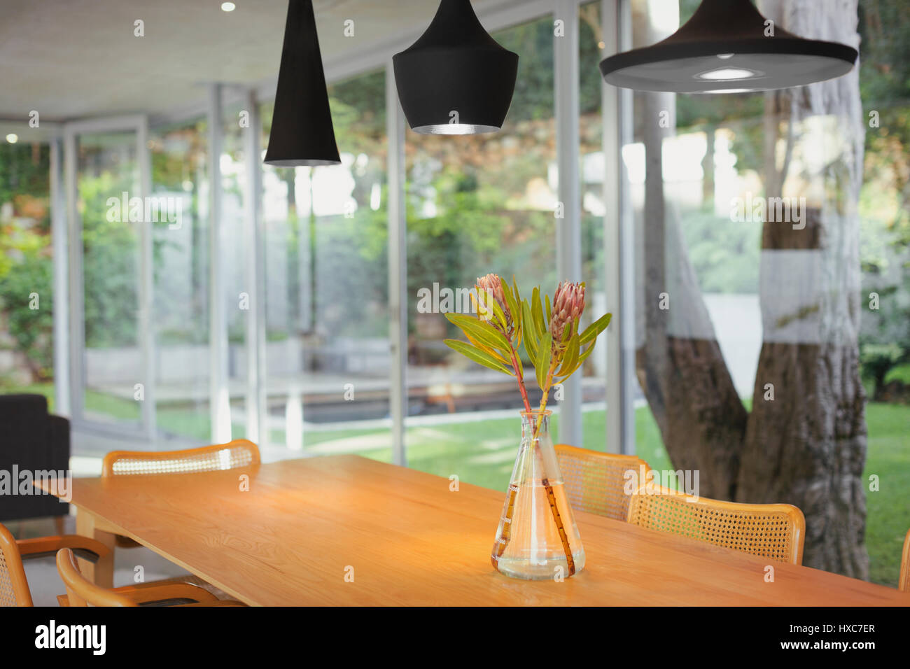 Nero moderno illumina Ciondolo appesi sopra bouquet sul tavolo da pranzo Foto Stock