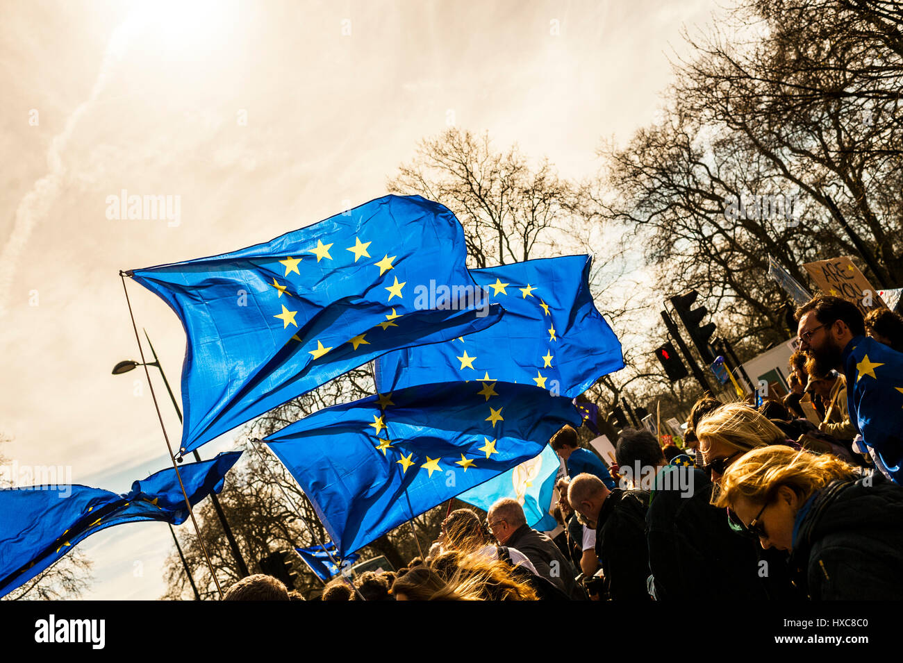 Il mese di marzo per l'Europa a Londra sabato 25 marzo 2017. Demo da Hyde Park a Piazza del Parlamento. Organizzato dal Movimento Unite per l'Europa. Foto Stock