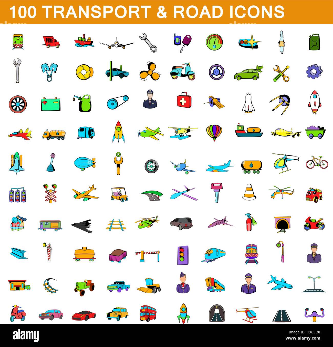 100 trasporto set di icone, stile cartoon Illustrazione Vettoriale