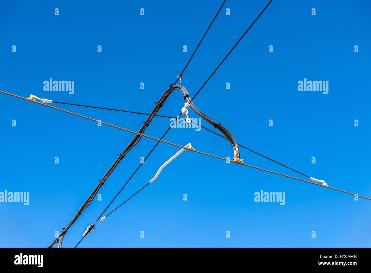 Sistema di contatto aereo sulla nuova linea del tram di Strasburgo - Kehl, Francia Foto Stock