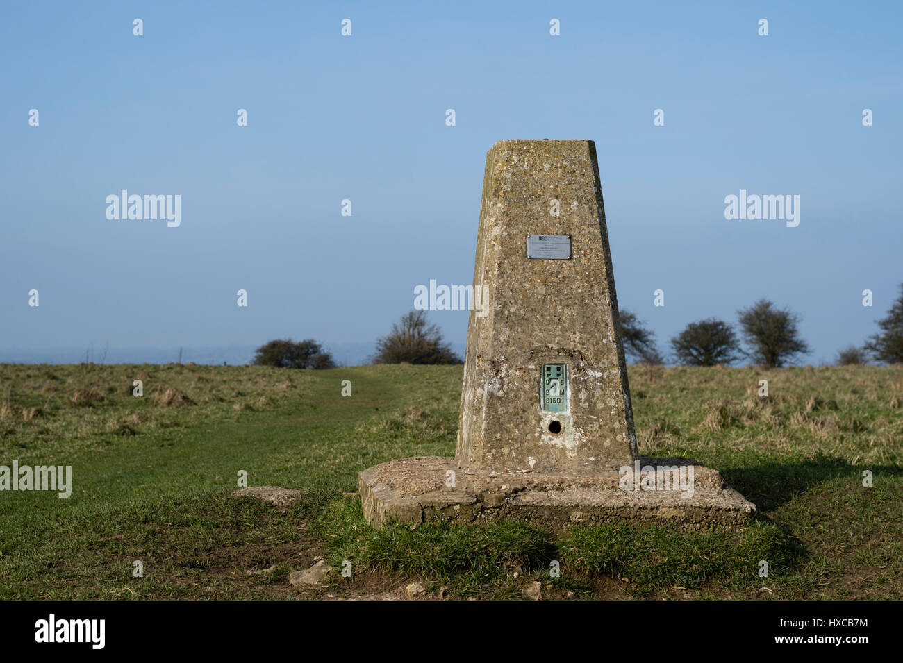 Ordnance Survey Trig punto sulla cima della collina Butser, Queen Elizabeth Country Park, Hampshire, Inghilterra, Regno Unito Foto Stock