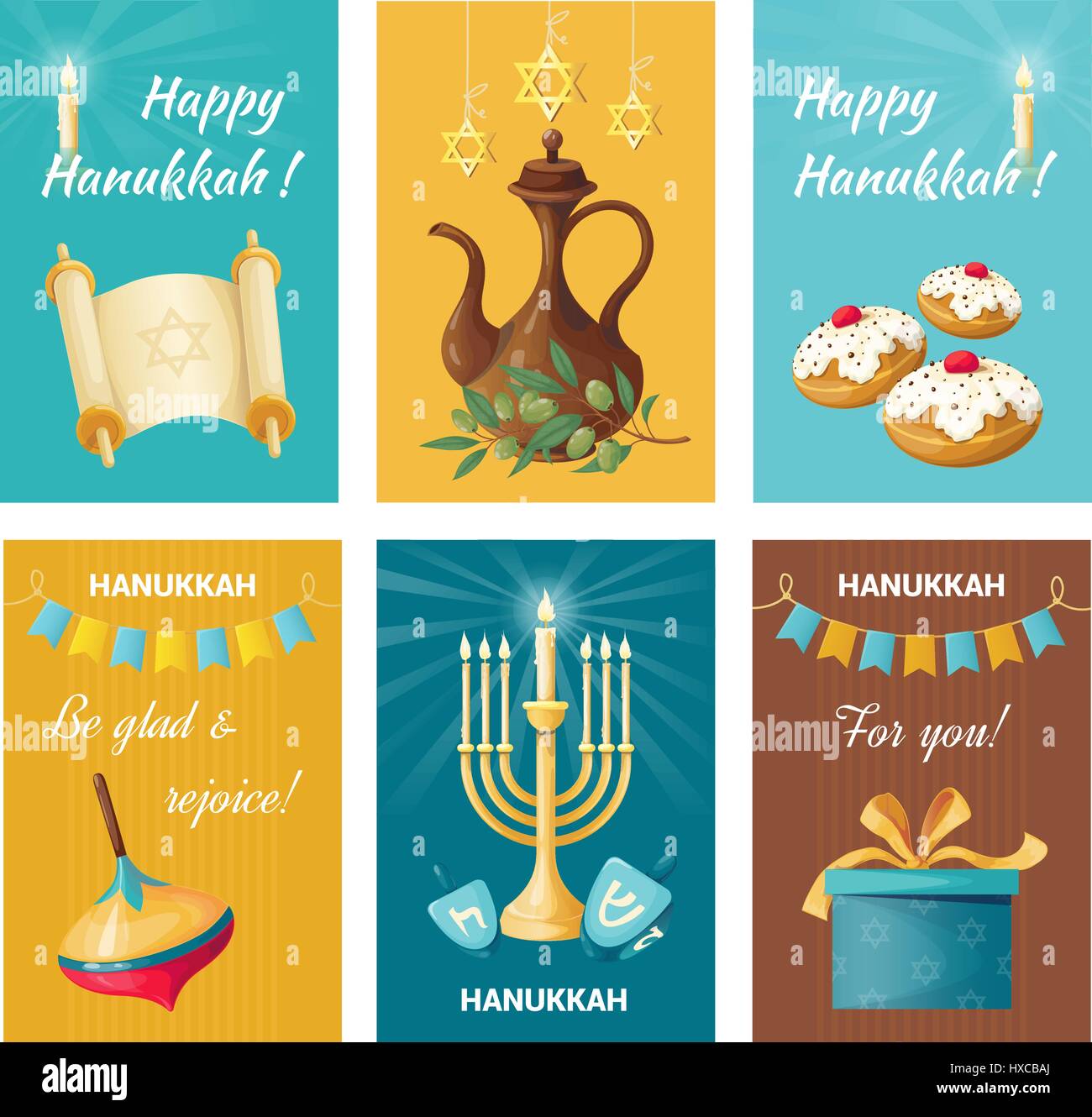 Set di banner vacanze su Hanukkah. Dolci e doni. Brocca di olio e il menorah Illustrazione Vettoriale