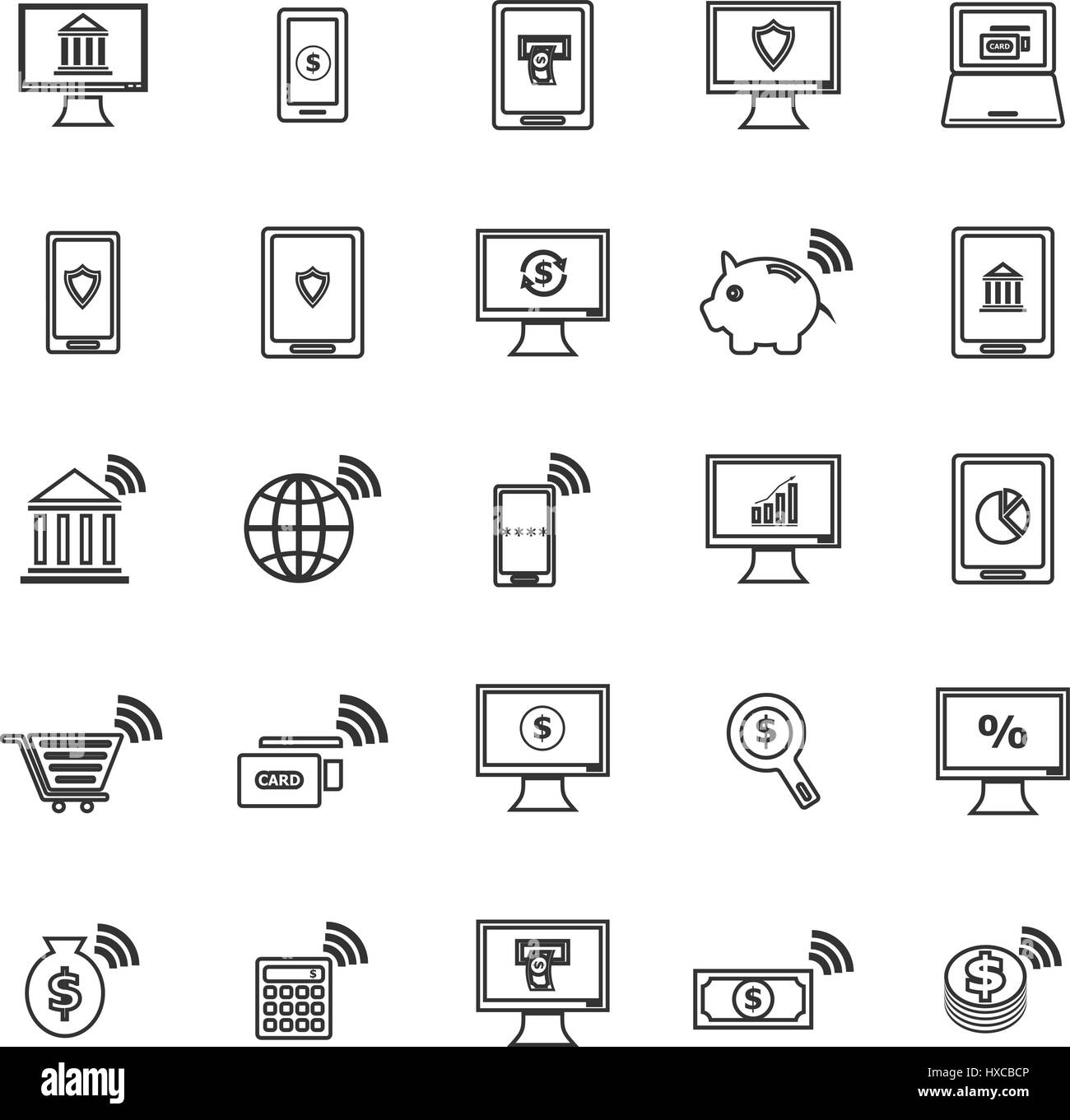 Online banking le icone della linea su sfondo bianco, vettore di stock Illustrazione Vettoriale