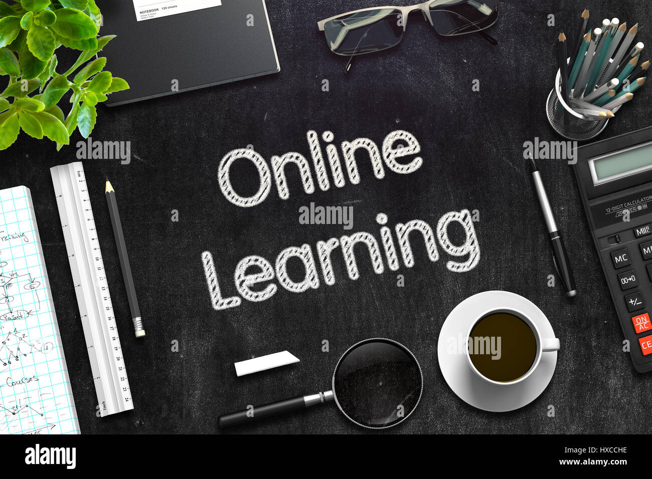 Online il concetto di apprendimento sulla lavagna. Il rendering 3D. Foto Stock