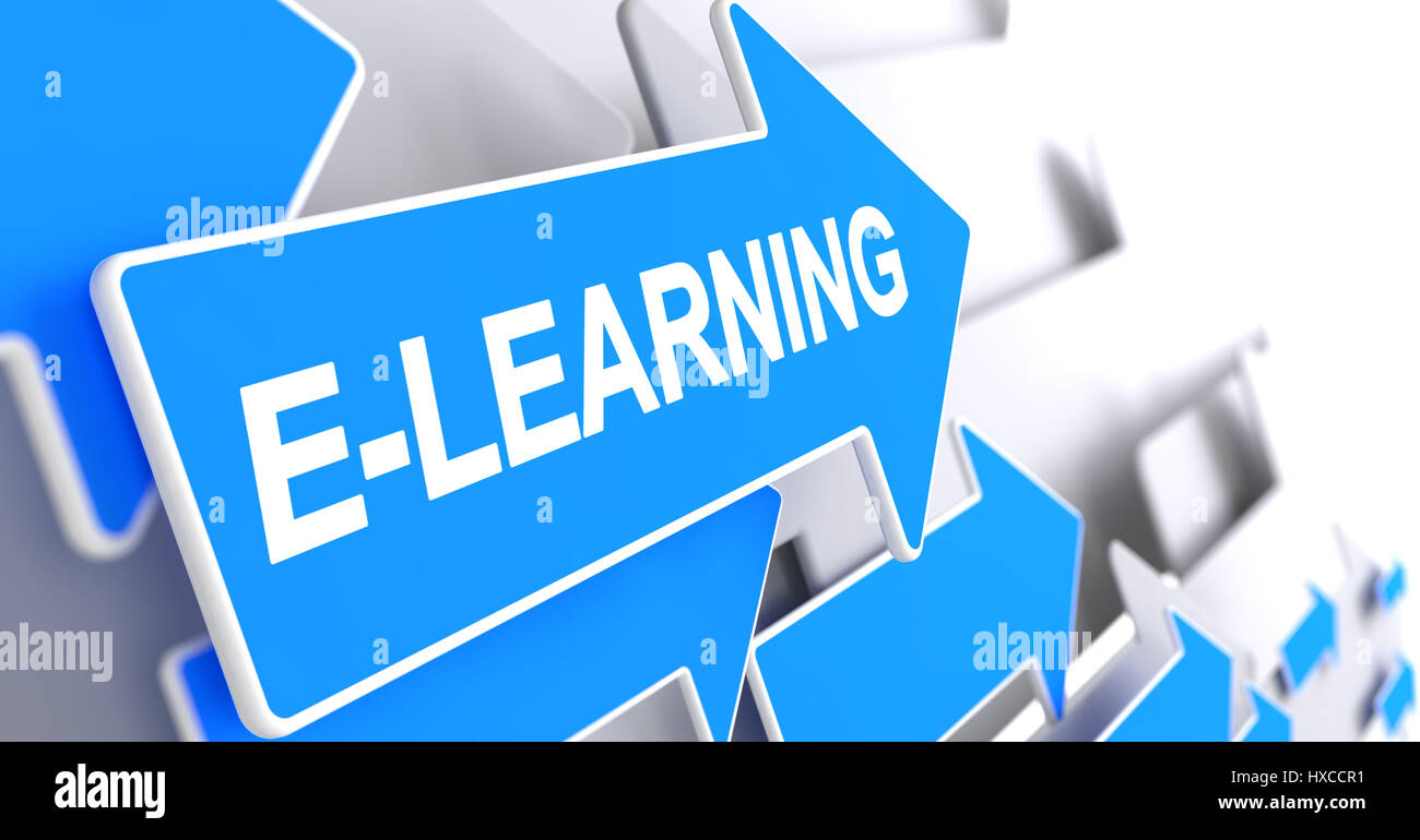 E-Learning - Etichetta sulla freccia blu. 3D. Foto Stock