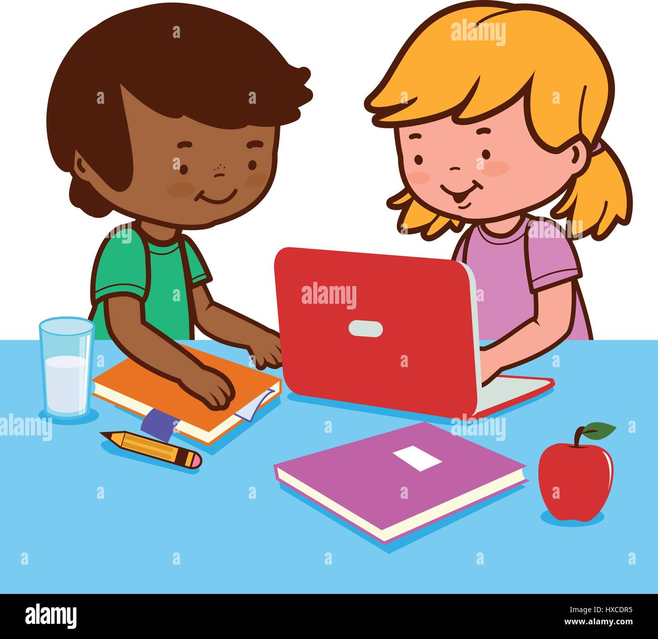 Agli studenti di studiare utilizzando un computer. Illustrazione Vettoriale
