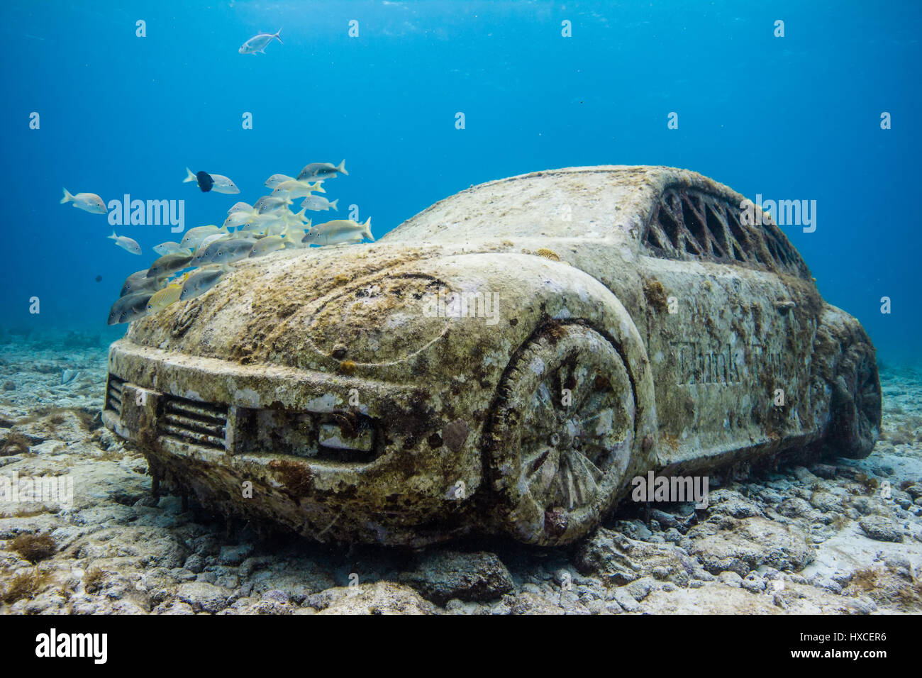 Lifesized relica di un sommerso VW Beetle realizzato da pH neutro materiali si siede sul fondo dell'oceano. Foto Stock