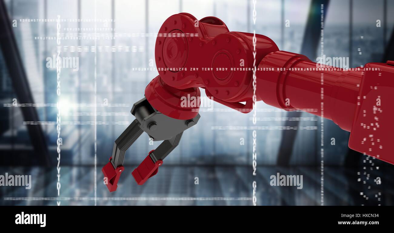 Composito Digitale del robot rosso artiglio telefono tenendo dietro l'interfaccia bianco contro scuro finestra sfocato Foto Stock