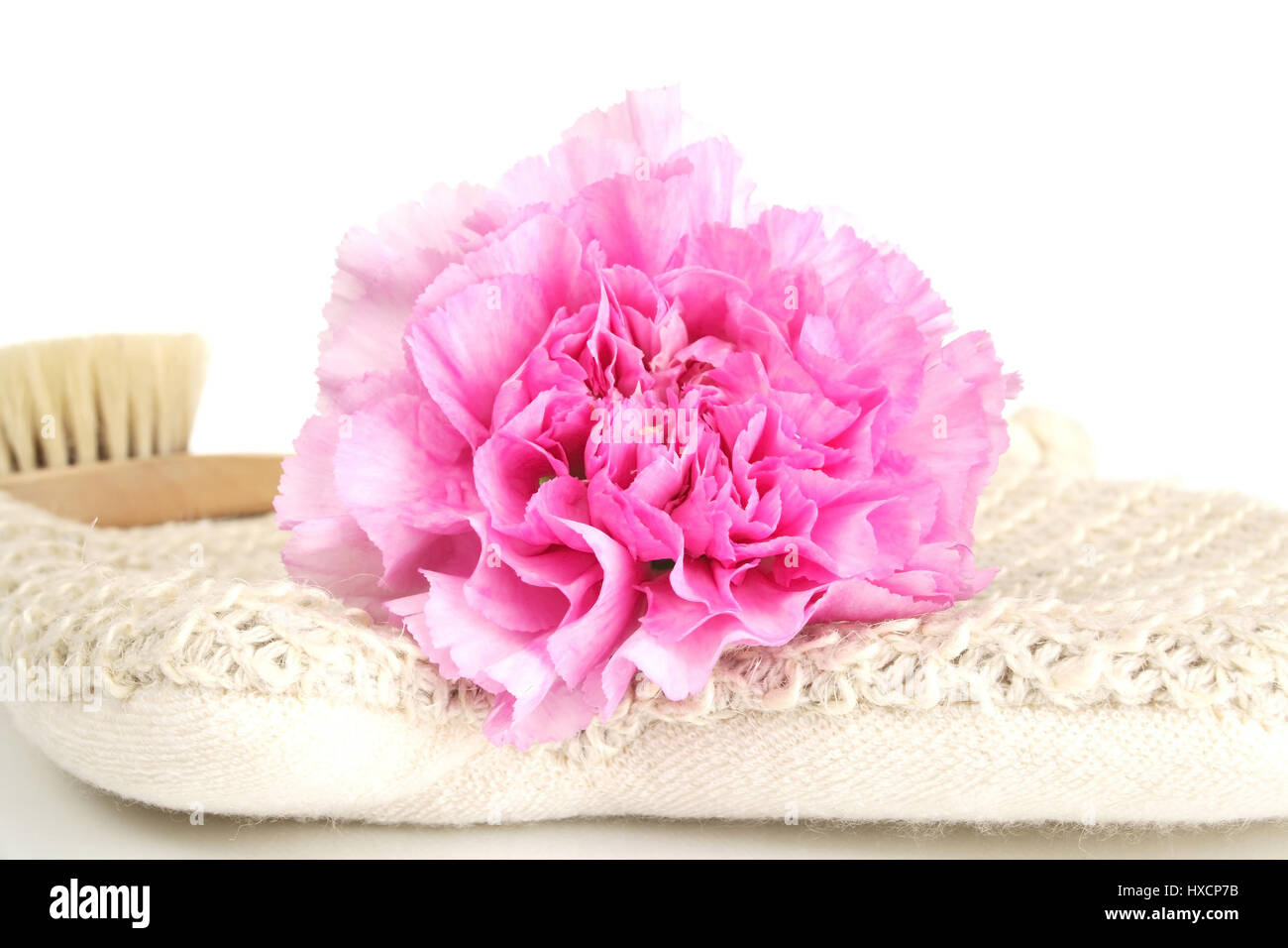 Guanto massaggio con fiore di garofano, Massagehandschuh mit Nelkenbluete Foto Stock