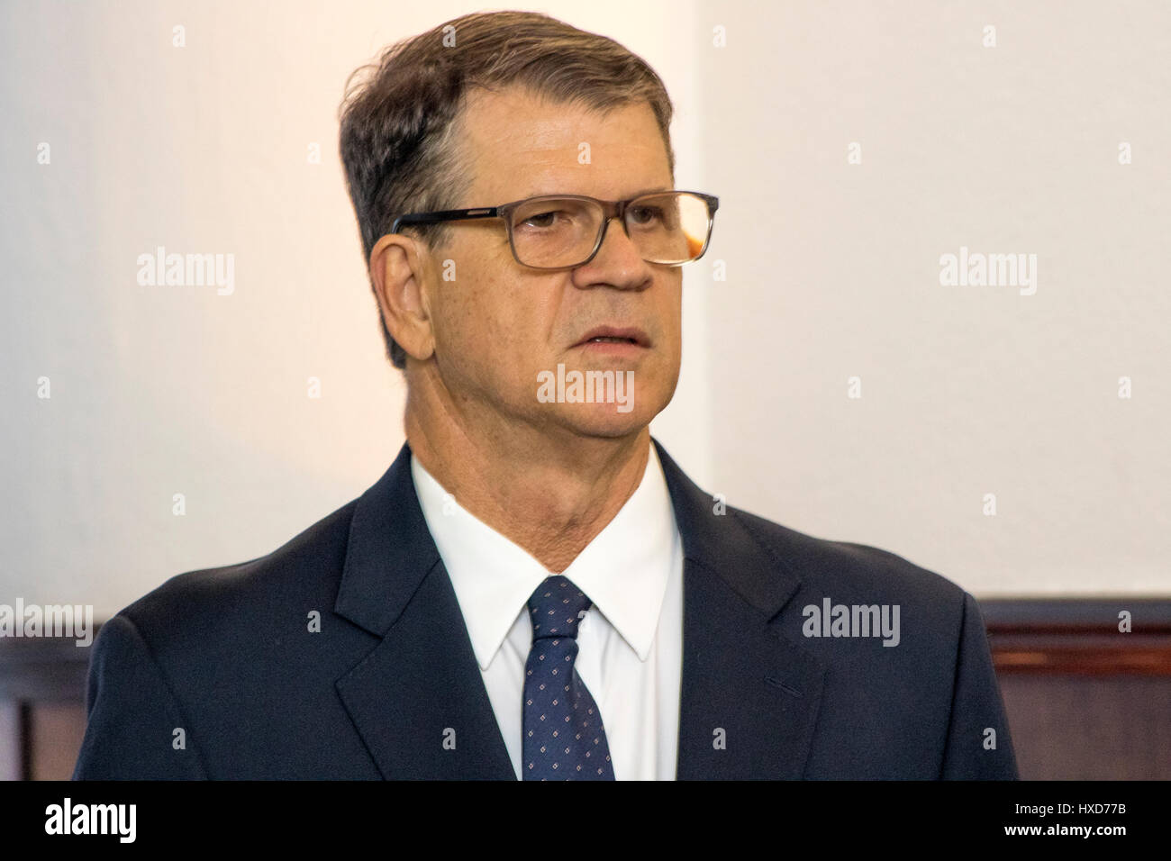 Sao Paulo, Brasile. 27 Mar, 2017. Marcelo Vieira, nuovo presidente del brasiliano della società rurale, partecipa alla cerimonia di inaugurazione degli eletti in seno alla direzione del 2017/2020 dell'entità, situato a Formosa Street, Anhangabaú Valley in São Paulo, SP. Credito: Alf Ribeiro/Alamy Live News Foto Stock