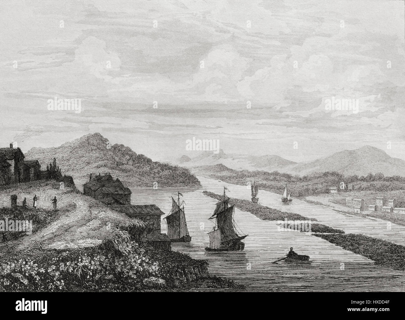 Vista della città di Hudson, Stati Uniti d'America. Xix secolo incisione in acciaio da Milbert e Lemaitre ha direxit. Foto Stock