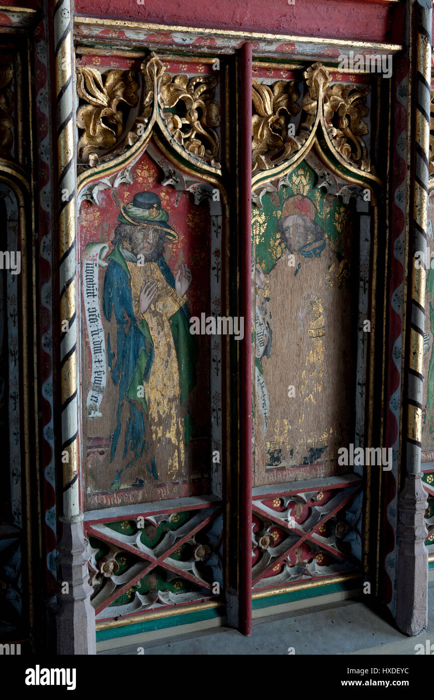 Dipinto di dettaglio dello schermo, Chiesa di Tutti i Santi, Thornham, Norfolk, Inghilterra, Regno Unito Foto Stock