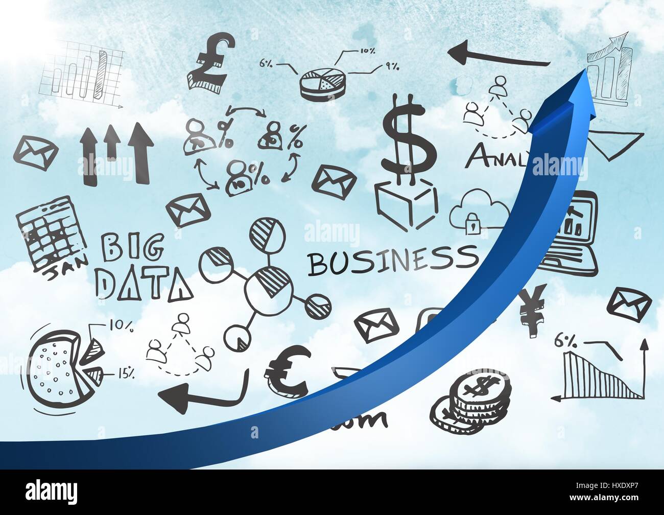 Digital composito della freccia blu contro nero scarabocchi di business e cielo Foto Stock