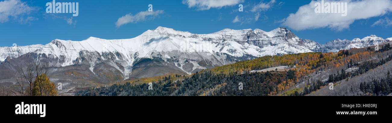Neve sulla caduta delle foglie nelle montagne di San Juan di Colorado Foto Stock