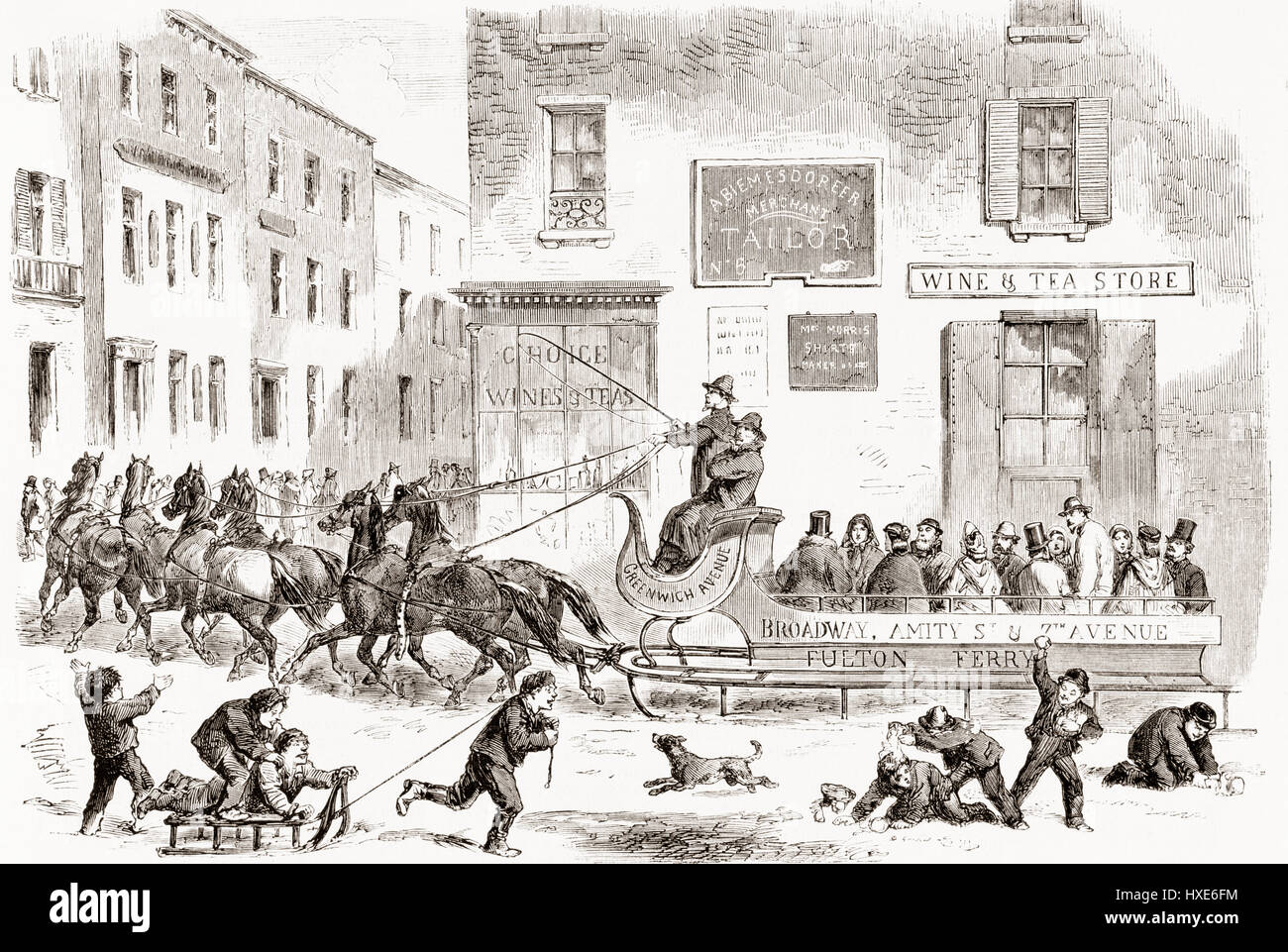 Un 1865 omnibus slitta trainata da sei cavalli su una strada invernale nella Città di New York, Stati Uniti d'America. Da L'Univers Illustre pubblicato 1867. Foto Stock