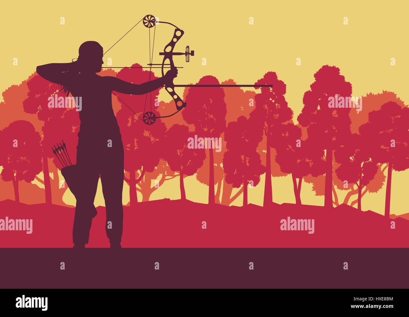 Archer uomo con archetto outdoor training nella parte anteriore di alberi forestali vettore tramonto di sfondo Illustrazione Vettoriale