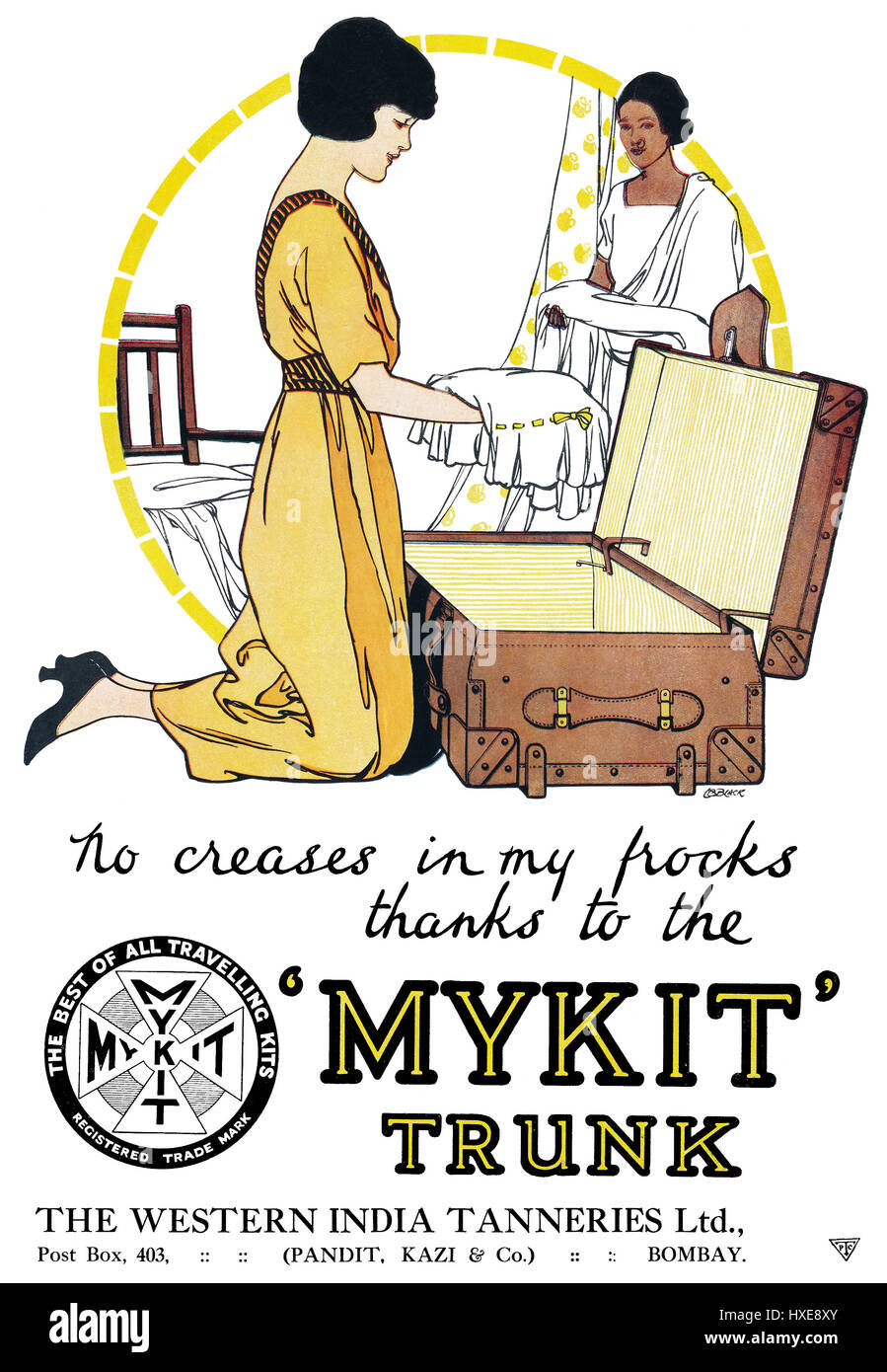 Indiano 1922 annuncio per il trunk Mykit dall'India occidentale concerie Ltd. Foto Stock