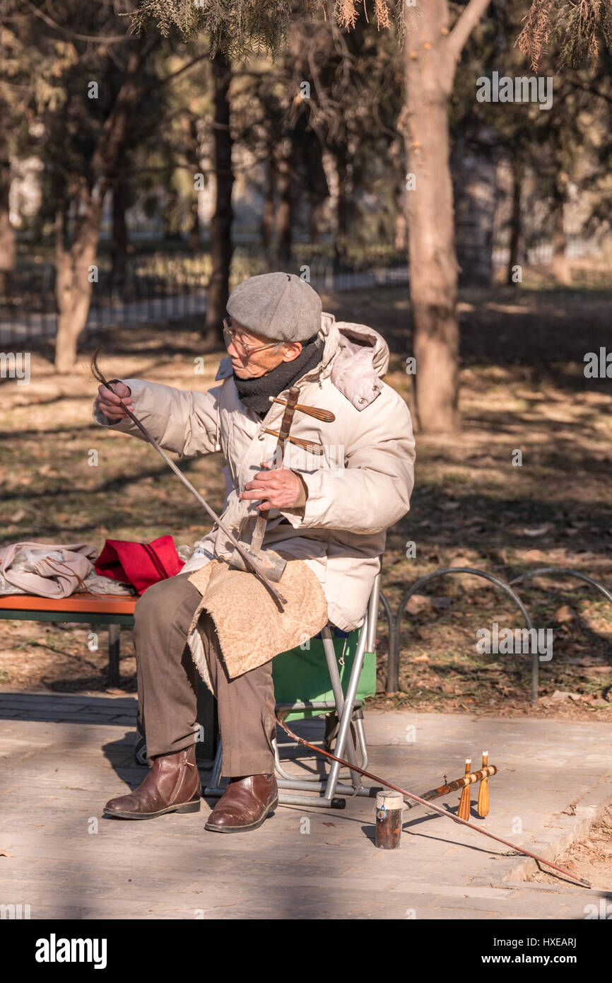 Anziani uomo cinese giocando le due corde violino cinese Erhu o su una giornata invernale presso il Tempio del Paradiso Park di Pechino. Foto Stock