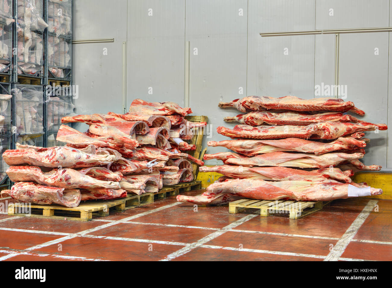 Stock congelati di carne rossa in un magazzino a freddo Foto Stock