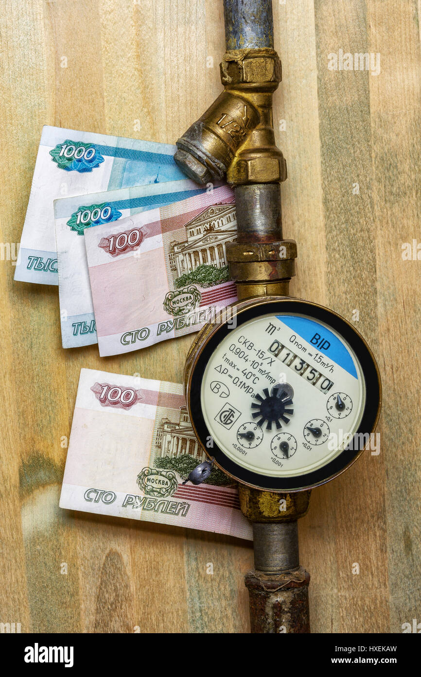 Elettrodomestico (metro) per la registrazione di consumo acqua fredda nel sistema di approvvigionamento di acqua e di denaro delle fatture Foto Stock
