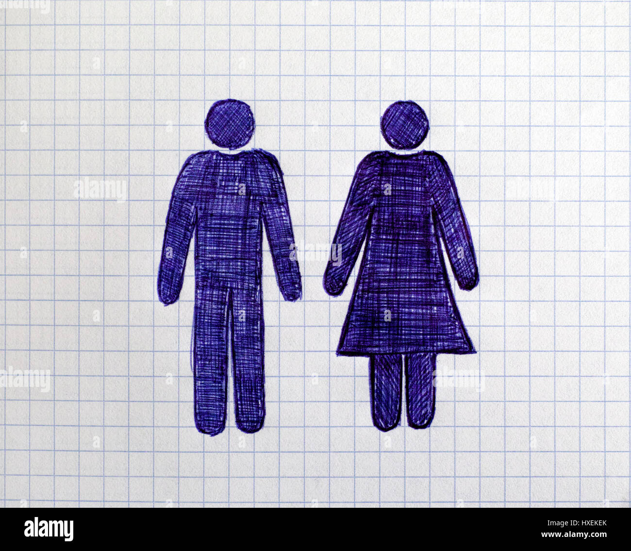 Disegnata a mano uomo e donna figure sul foglio di carta a scacchi. Doodle stile. Foto Stock