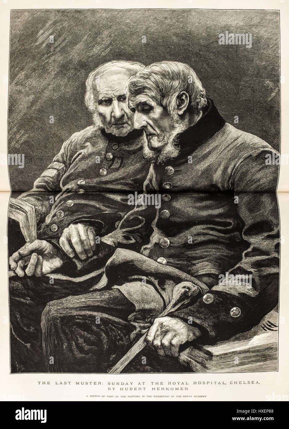A doppia pagina illustrazione da 'La grafica' quotidiano (1874) intitolata "L'ultimo Muster: domenica presso il Royal Hospital Chelsea' da Hubert Herkomer Foto Stock