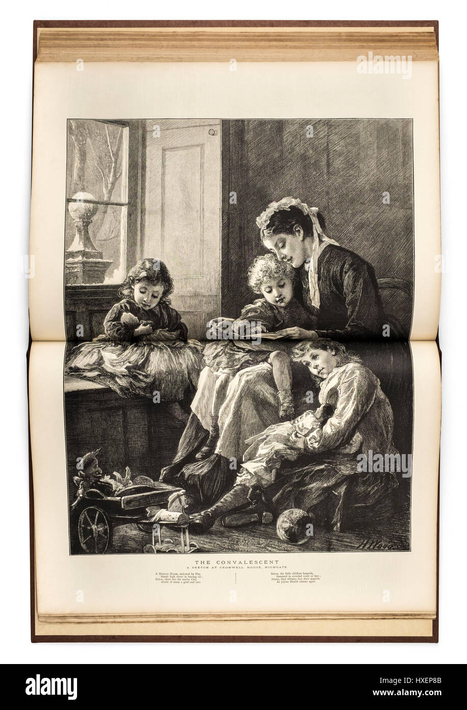 A doppia pagina illustrazione da 'La grafica' quotidiano (1874) intitolata "L' convalescenti da Henry boschi RA che mostra un infermiere prendersi cura di un bambino malato Foto Stock