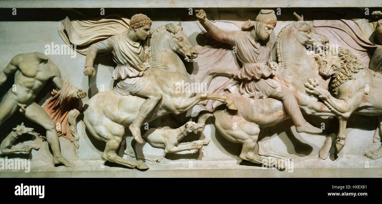 Alexander sarcofago (325-311 a.C.). Alessandro il Grande lotta contro un persiano. Necropoli reale di Saida. Il museo di archeologia, Istanbul. La Turchia. Foto Stock