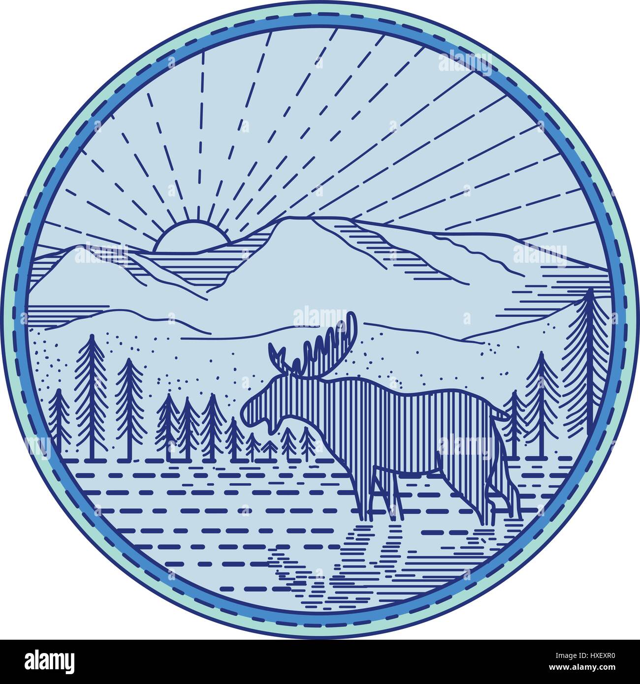 Mono stile linea illustrazione di un alce visto dal lato con il fiume, piana e montagna sunburst in background impostata all'interno del cerchio. Illustrazione Vettoriale